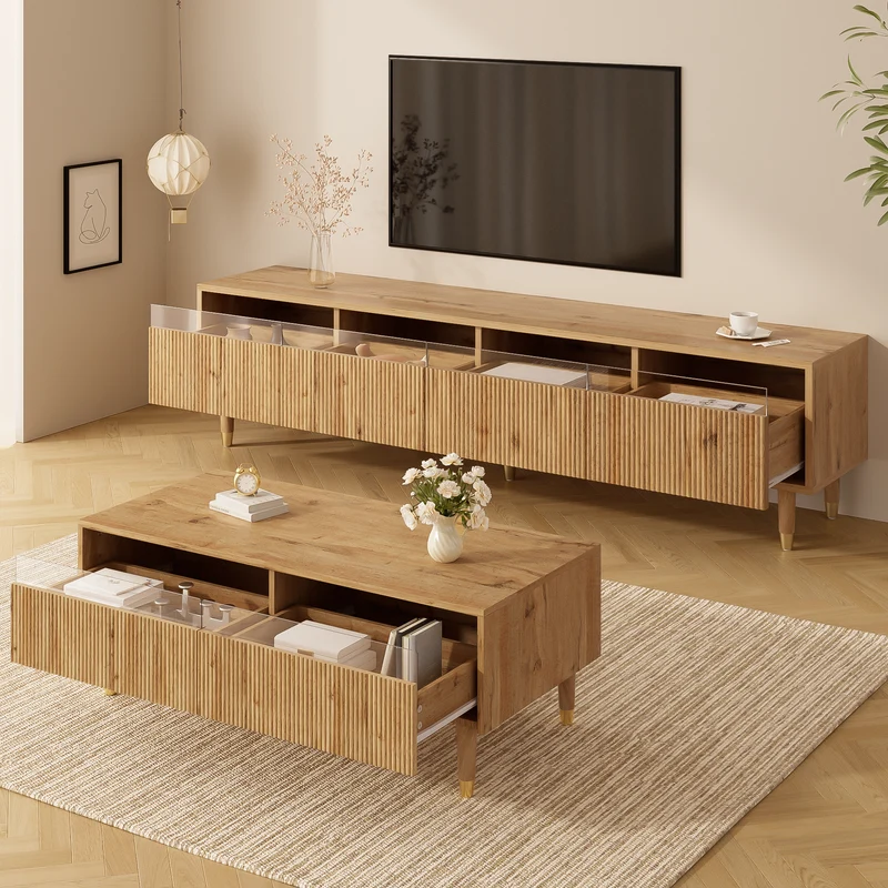 Ensemble meuble TV avec table basse effet bois et éclairage LED 2 pièces COPPERCANYON