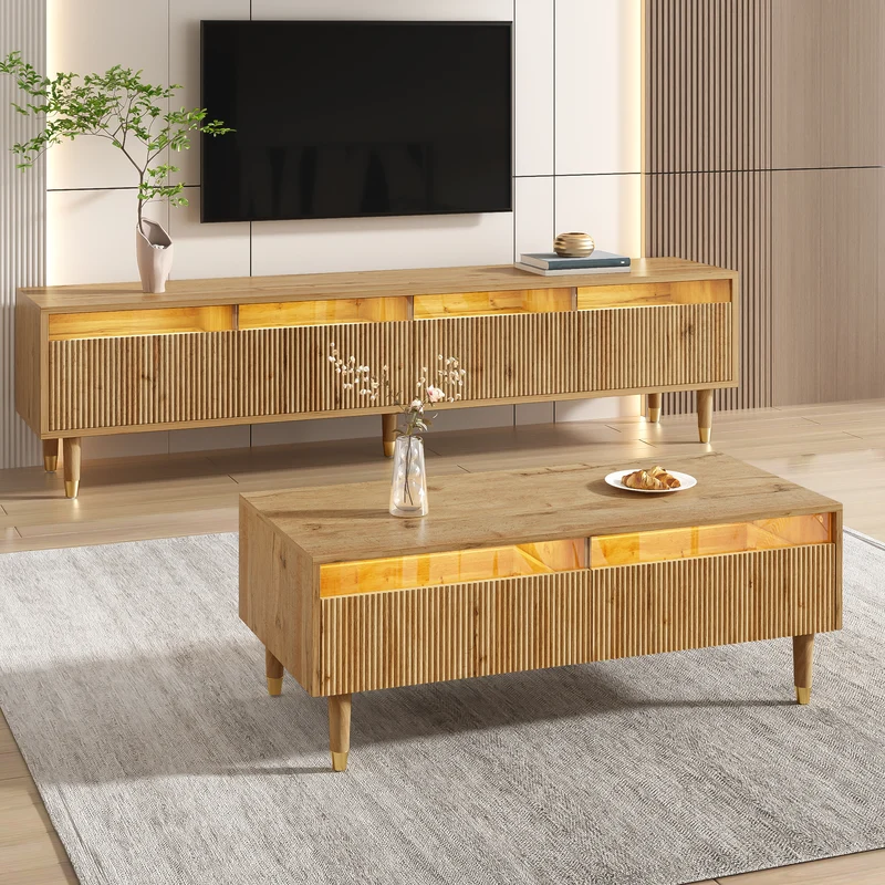 Ensemble meuble TV avec table basse effet bois et éclairage LED 2 pièces COPPERCANYON
