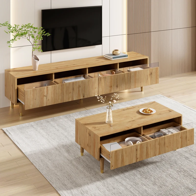 Ensemble meuble TV avec table basse effet bois et éclairage LED 2 pièces COPPERCANYON