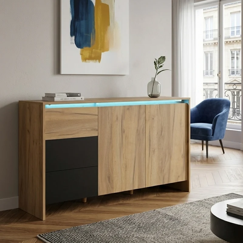 Buffet effet bois et noir 3 tiroirs, 2 portes avec éclairage LED 120x76x40cm ALUMINUMLAMP