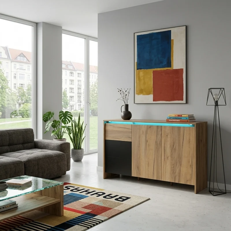 Buffet effet bois et noir 3 tiroirs, 2 portes avec éclairage LED 120x76x40cm ALUMINUMLAMP