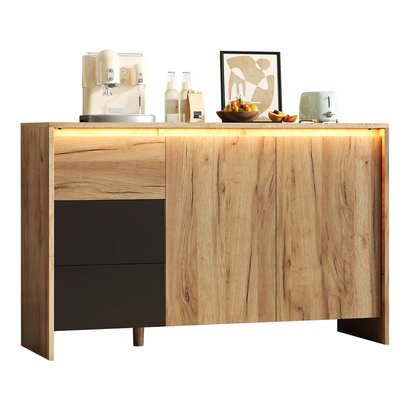 Buffet effet bois et noir 3 tiroirs, 2 portes avec éclairage LED 120x76x40cm ALUMINUMLAMP
