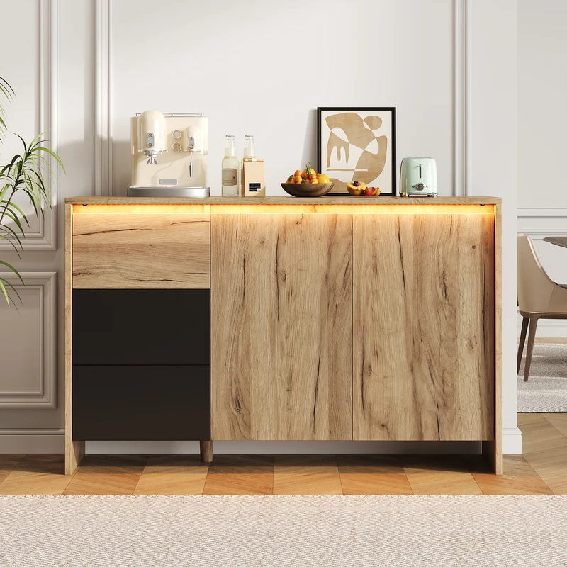 Buffet effet bois et noir 3 tiroirs, 2 portes avec éclairage LED 120x76x40cm ALUMINUMLAMP