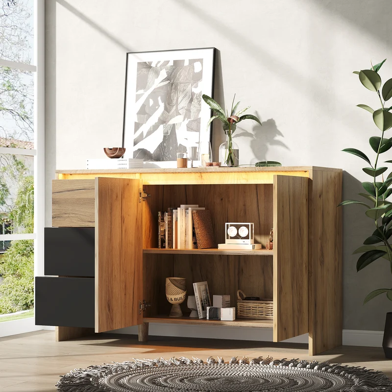 Buffet effet bois et noir 3 tiroirs, 2 portes avec éclairage LED 120x76x40cm ALUMINUMLAMP