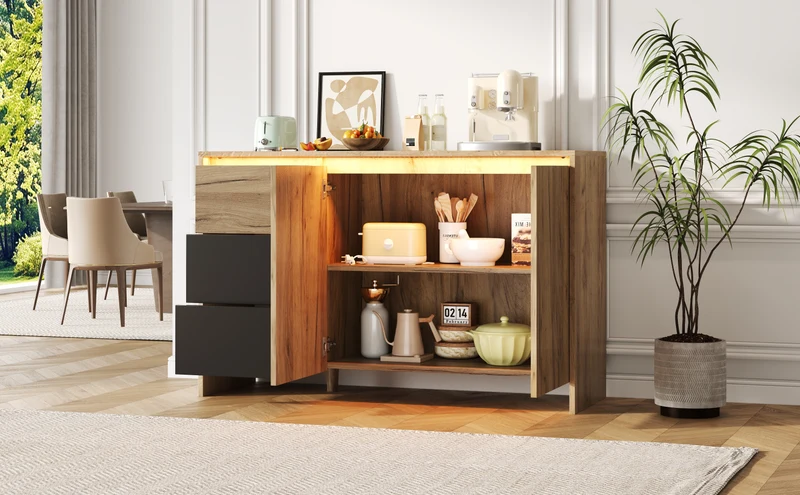 Buffet effet bois et noir 3 tiroirs, 2 portes avec éclairage LED 120x76x40cm ALUMINUMLAMP