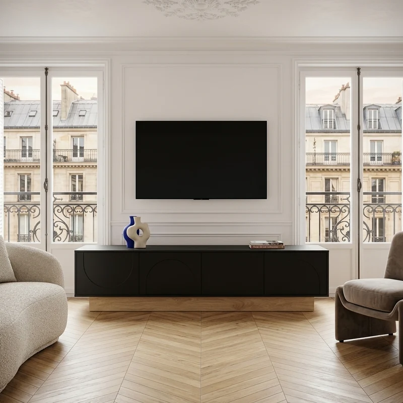 Meuble TV noir 4 portes motif courbé 175x40x41,5cm ADJUSTORGANIZER