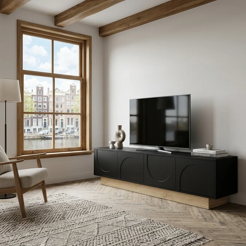 Meuble TV noir 4 portes motif courbé 175x40x41,5cm ADJUSTORGANIZER