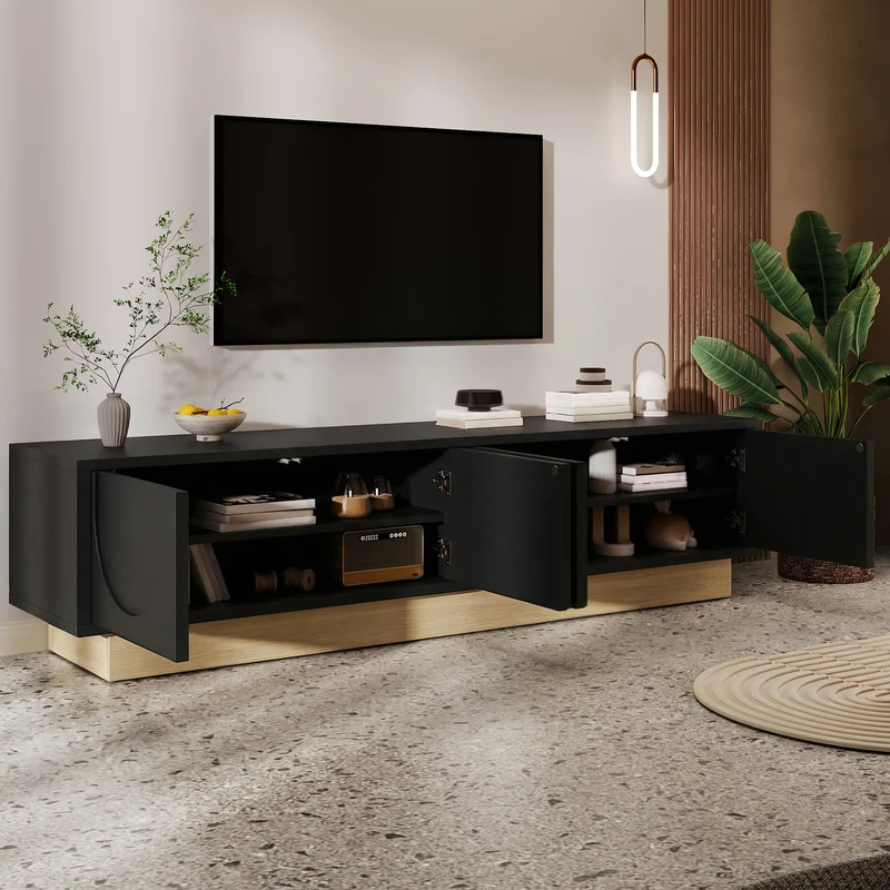 Meuble TV noir 4 portes motif courbé 175x40x41,5cm ADJUSTORGANIZER