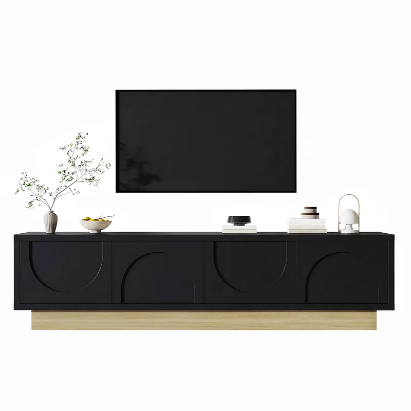 Meuble TV noir 4 portes motif courbé 175x40x41,5cm ADJUSTORGANIZER