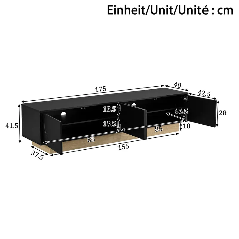 Meuble TV noir 4 portes motif courbé 175x40x41,5cm ADJUSTORGANIZER