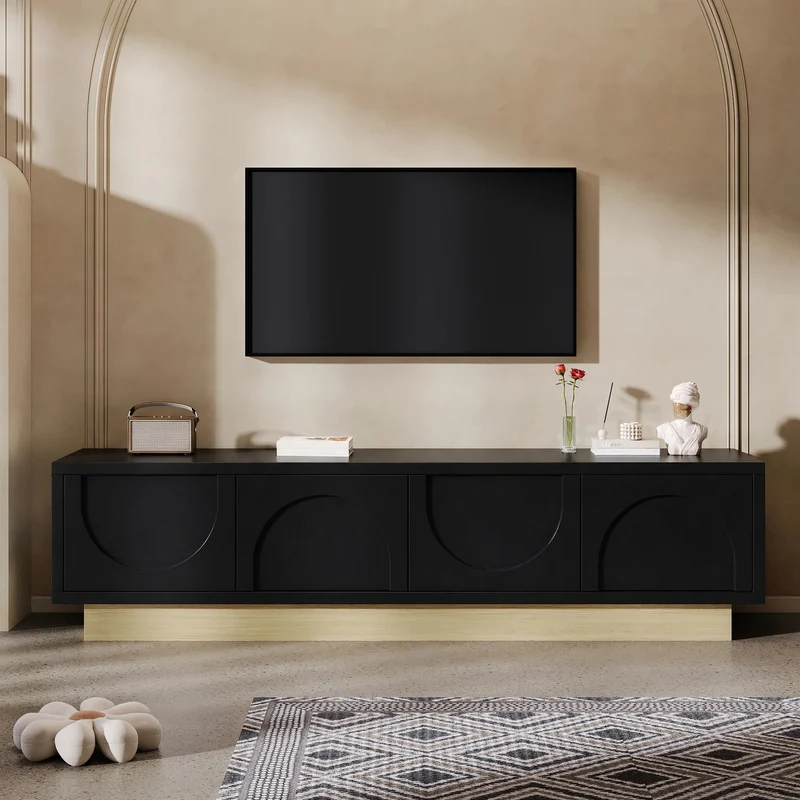 Meuble TV noir 4 portes motif courbé 175x40x41,5cm ADJUSTORGANIZER
