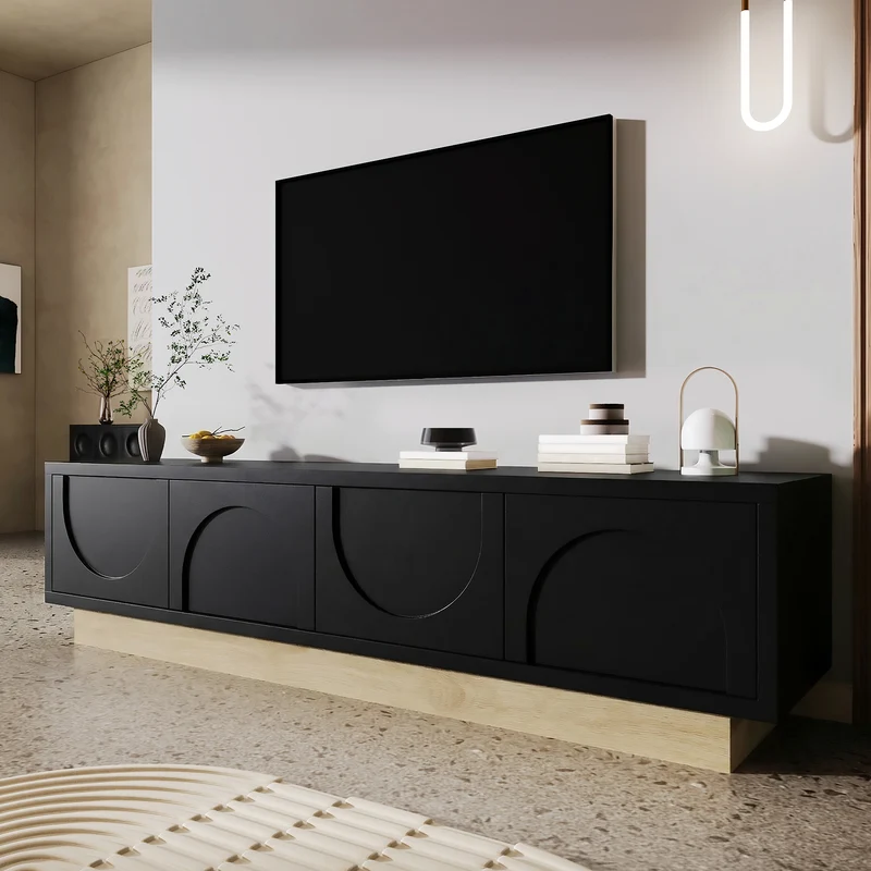 Meuble TV noir 4 portes motif courbé 175x40x41,5cm ADJUSTORGANIZER