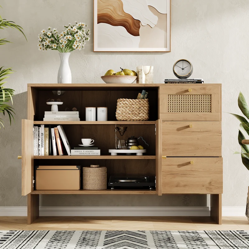 Buffet effet bois naturel avec rotin, portes, tiroirs et poignées dorées 105x40x76cm ALUMINUMPANEL