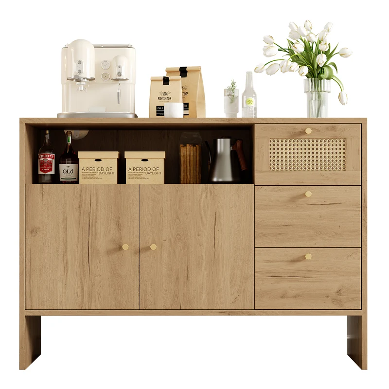 Buffet effet bois naturel avec rotin, portes, tiroirs et poignées dorées 105x40x76cm ALUMINUMPANEL