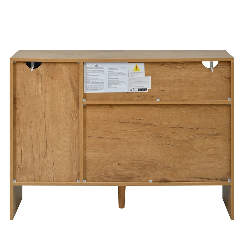 Buffet effet bois naturel avec rotin, portes, tiroirs et poignées dorées 105x40x76cm ALUMINUMPANEL