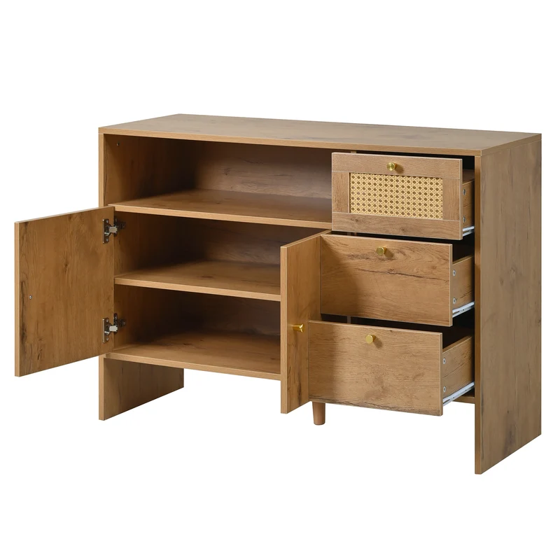 Buffet effet bois naturel avec rotin, portes, tiroirs et poignées dorées 105x40x76cm ALUMINUMPANEL