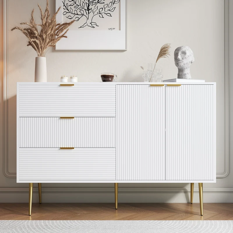 Buffet blanc élegant design ondulé détails dorés 120x38x80,5 cm ADJUSTBED