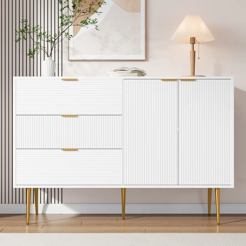 Buffet blanc élegant design ondulé détails dorés 120x38x80,5 cm ADJUSTBED