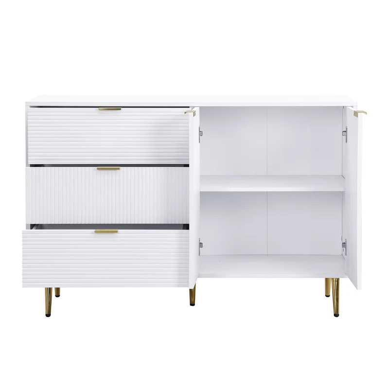 Buffet blanc élegant design ondulé détails dorés 120x38x80,5 cm ADJUSTBED