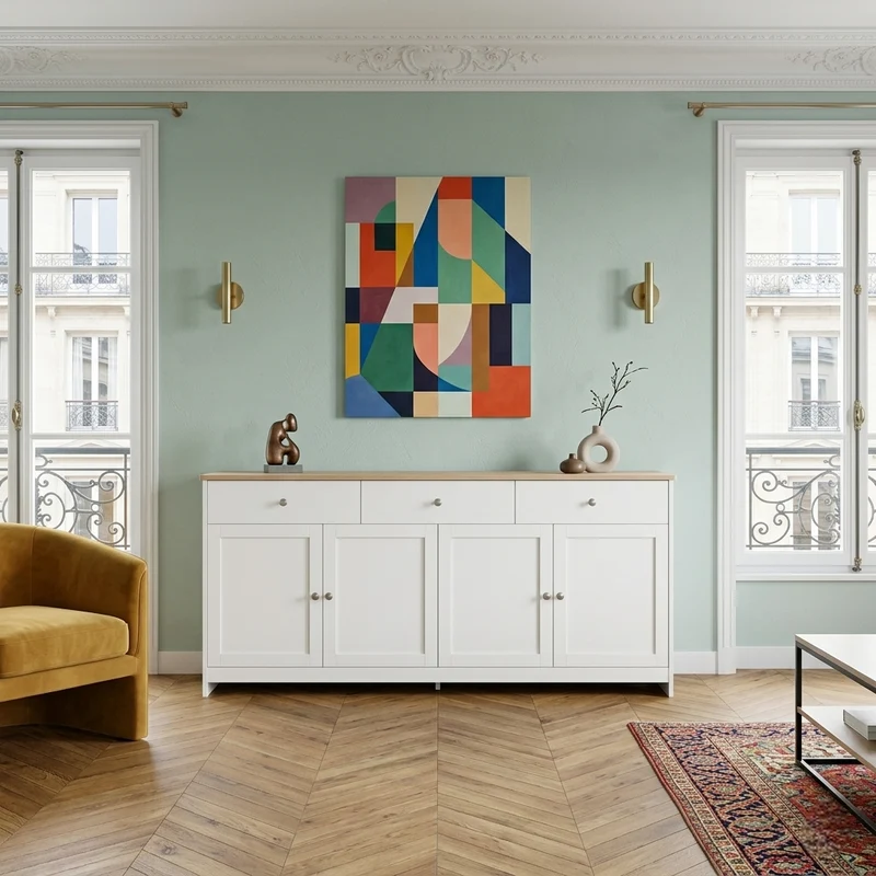 Buffet blanc effet bois 4 portes 3 tiroirs style campagne ADJUSTMARBLEONE