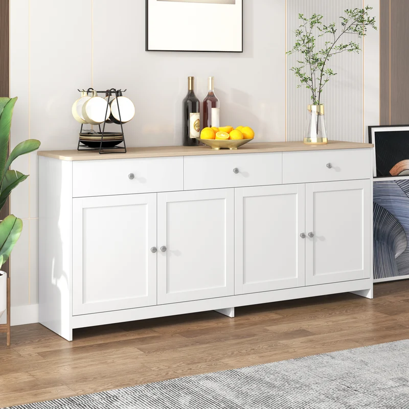 Buffet blanc effet bois 4 portes 3 tiroirs style campagne ADJUSTMARBLEONE