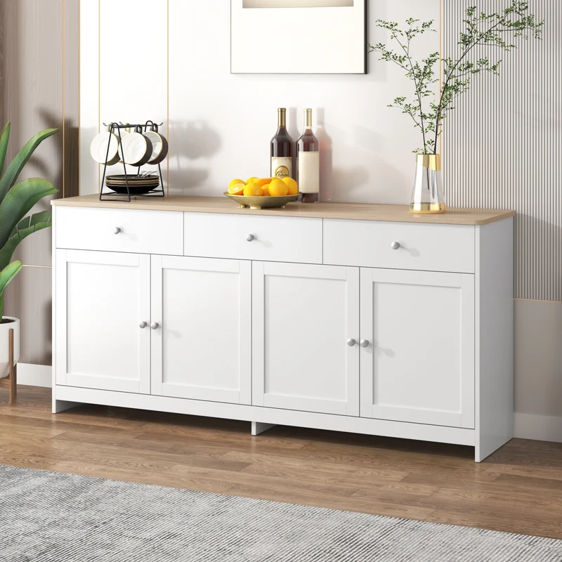 Buffet blanc effet bois 4 portes 3 tiroirs style campagne ADJUSTMARBLEONE