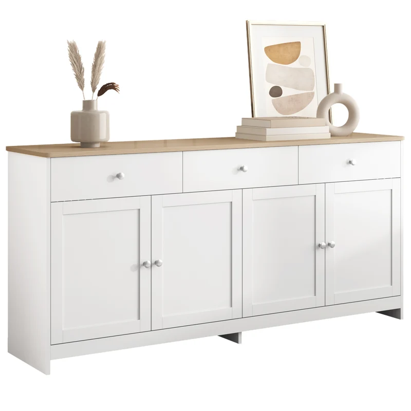 Buffet blanc effet bois 4 portes 3 tiroirs style campagne ADJUSTMARBLEONE