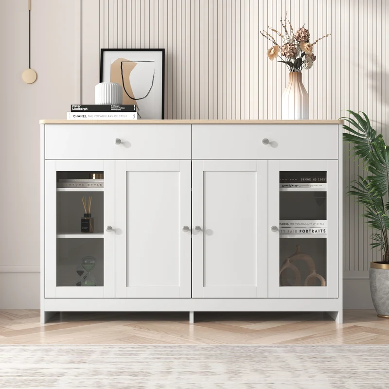 Buffet blanc effet bois clair 4 portes 2 tiroirs 120x37x80cm ADJUSTOAKELITE