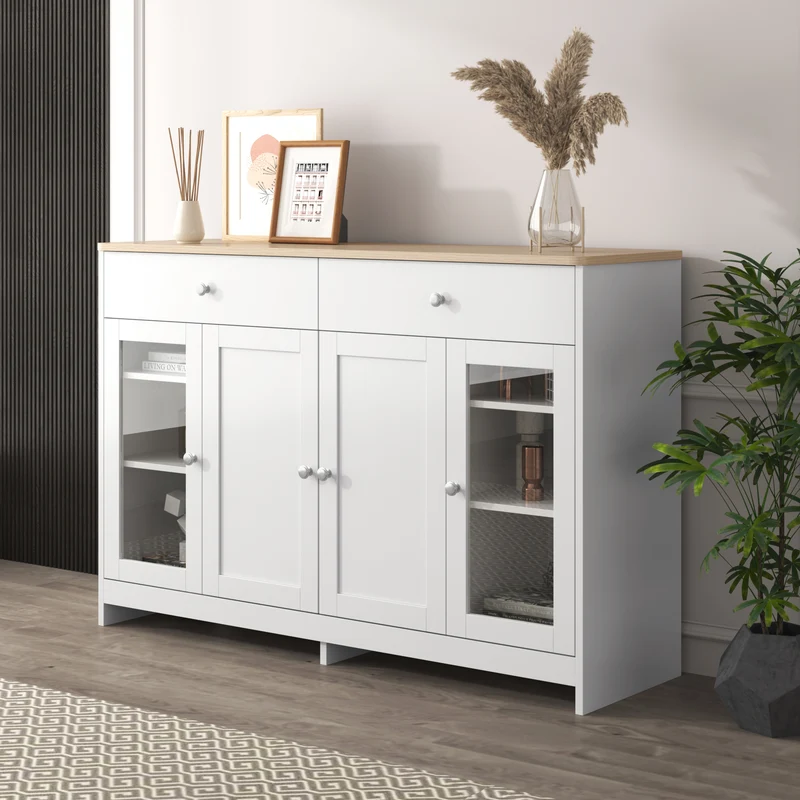 Buffet blanc effet bois clair 4 portes 2 tiroirs 120x37x80cm ADJUSTOAKELITE