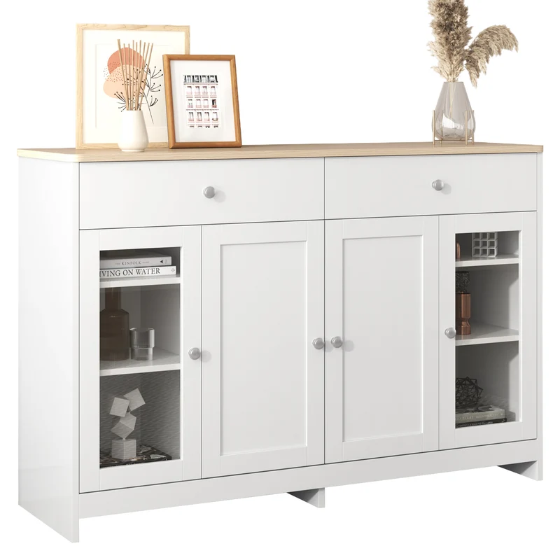 Buffet blanc effet bois clair 4 portes 2 tiroirs 120x37x80cm ADJUSTOAKELITE