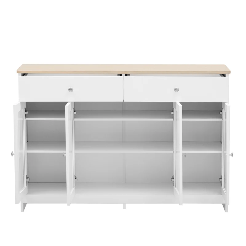 Buffet blanc effet bois clair 4 portes 2 tiroirs 120x37x80cm ADJUSTOAKELITE