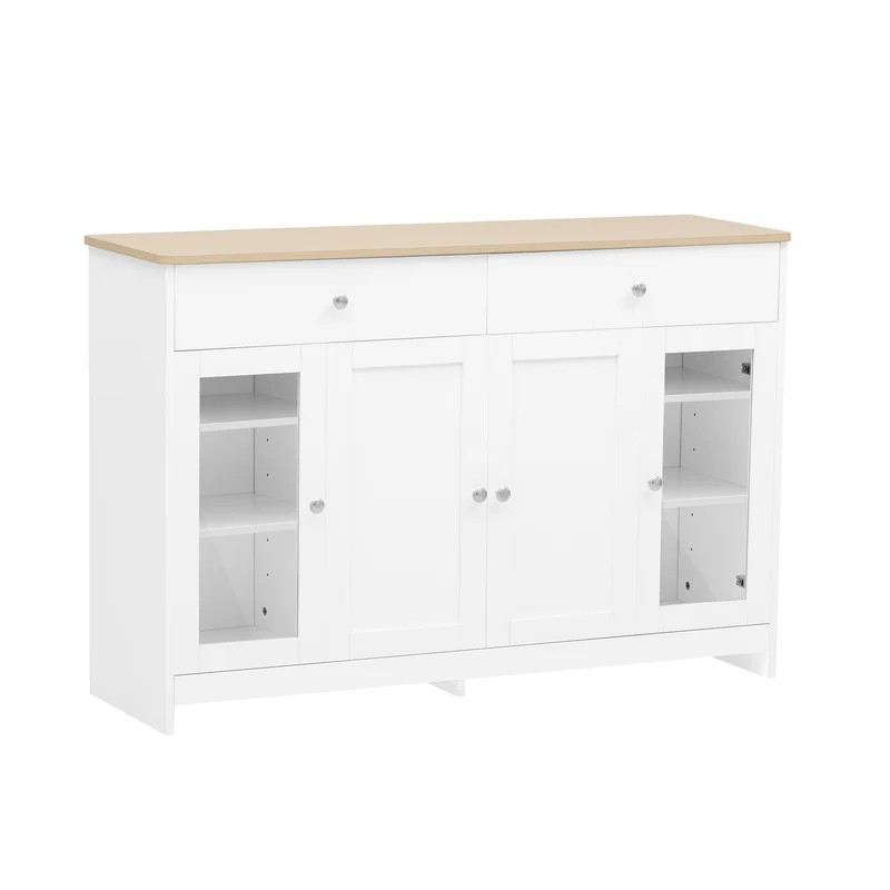 Buffet blanc effet bois clair 4 portes 2 tiroirs 120x37x80cm ADJUSTOAKELITE