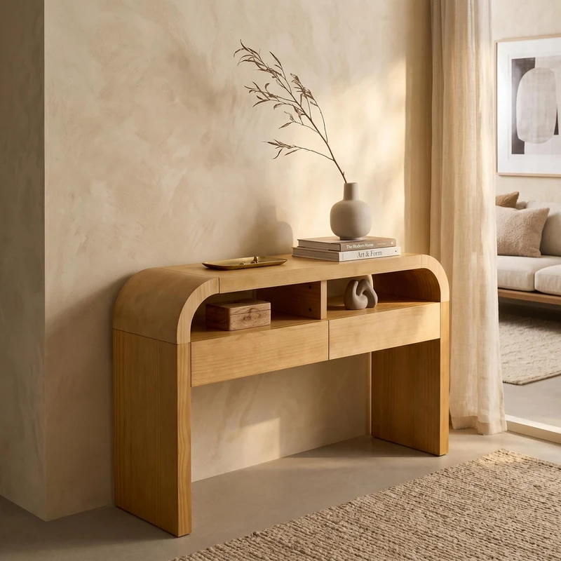 Console effet bois au design courbé et épuré avec 2 tiroirs 120x35,5cm CASCADEINFINIXX