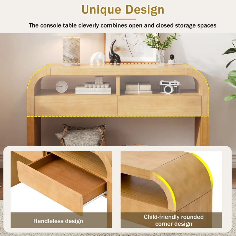 Console effet bois au design courbé et épuré avec 2 tiroirs 120x35,5cm CASCADEINFINIXX