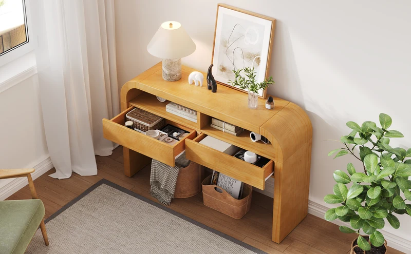 Console effet bois au design courbé et épuré avec 2 tiroirs 120x35,5cm CASCADEINFINIXX