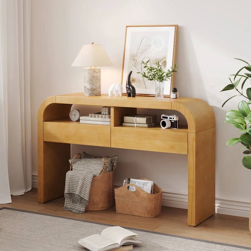 Console effet bois au design courbé et épuré avec 2 tiroirs 120x35,5cm CASCADEINFINIXX