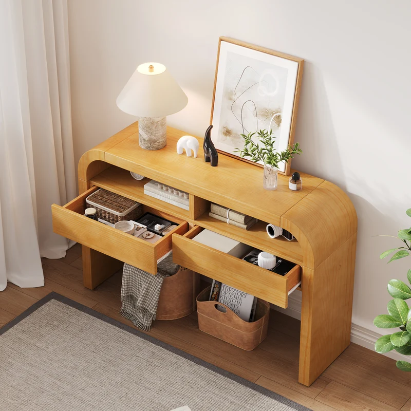Console effet bois au design courbé et épuré avec 2 tiroirs 120x35,5cm CASCADEINFINIXX