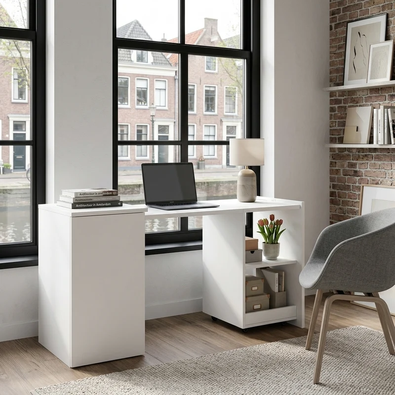 Bureau blanc retractable avec rangement et roulettes MOMENTUMNEXX