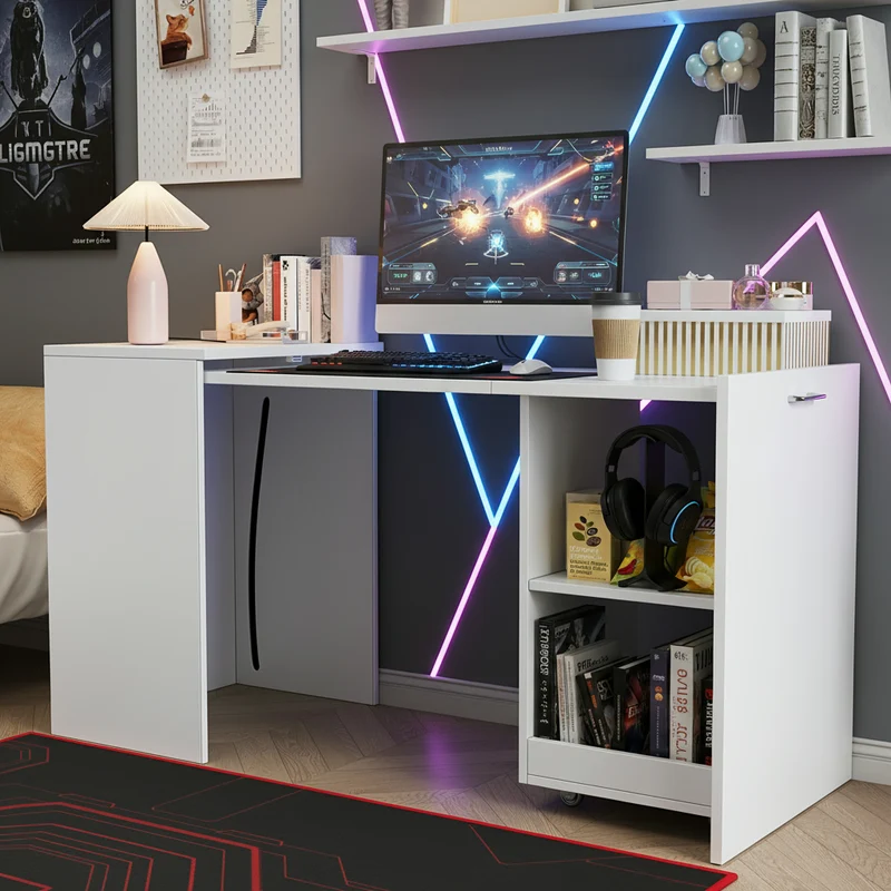 Bureau blanc retractable avec rangement et roulettes MOMENTUMNEXX