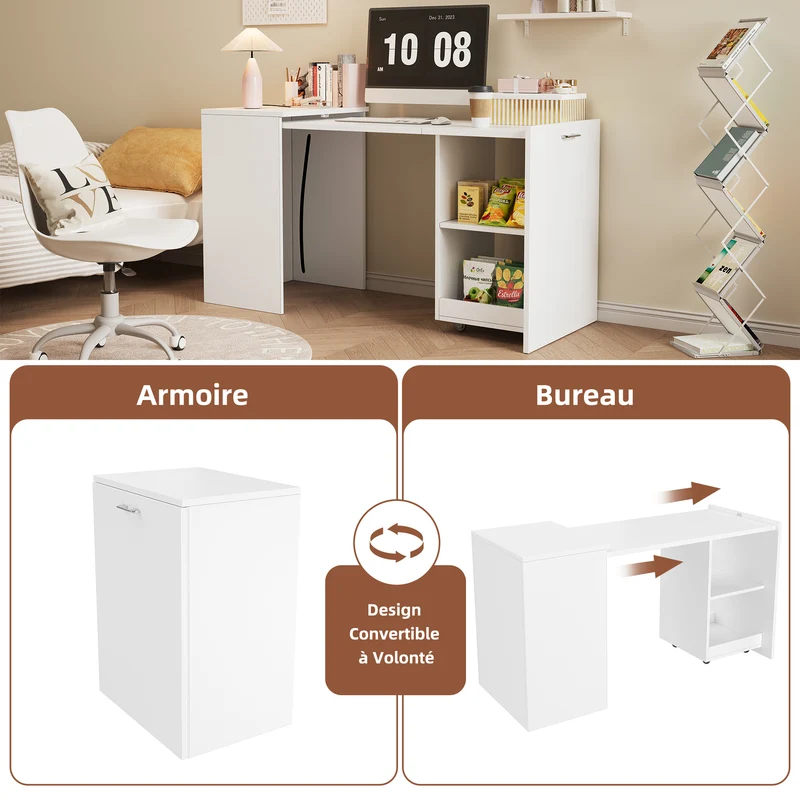 Bureau blanc retractable avec rangement et roulettes MOMENTUMNEXX