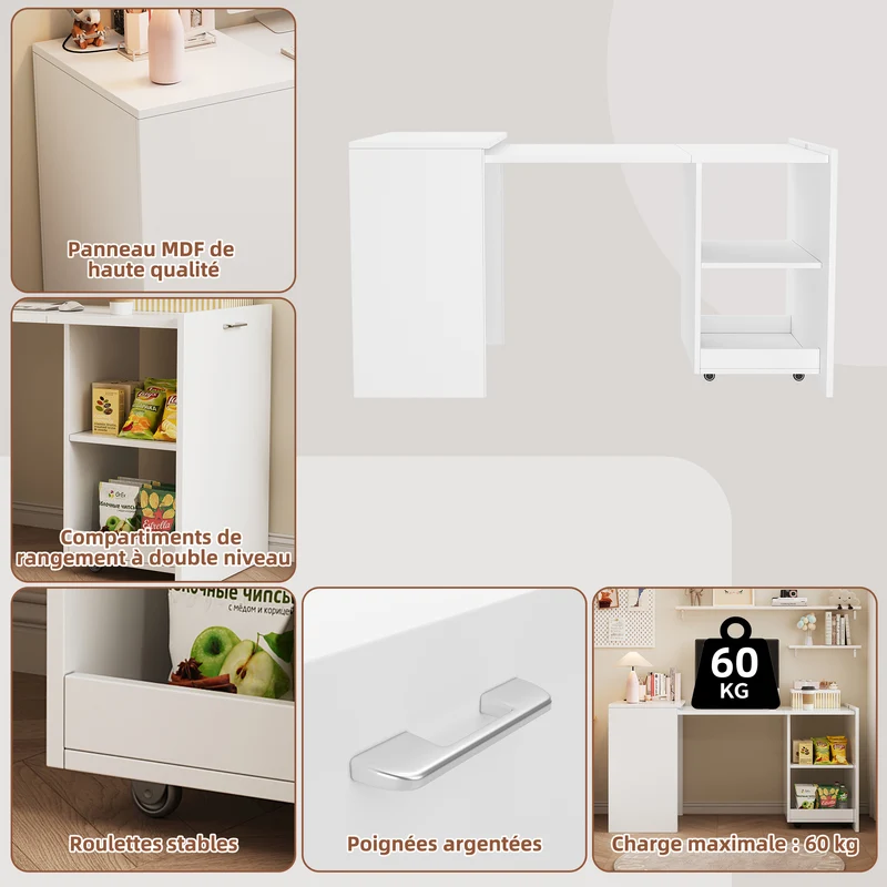 Bureau blanc retractable avec rangement et roulettes MOMENTUMNEXX