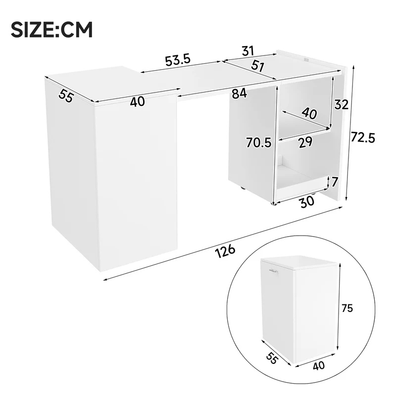 Bureau blanc retractable avec rangement et roulettes MOMENTUMNEXX