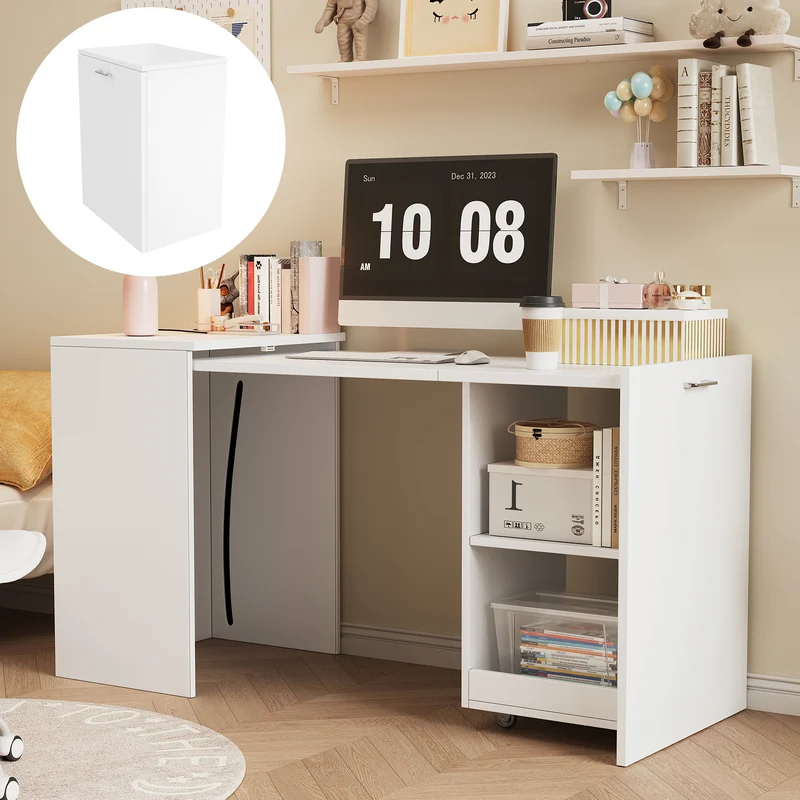 Bureau blanc retractable avec rangement et roulettes MOMENTUMNEXX