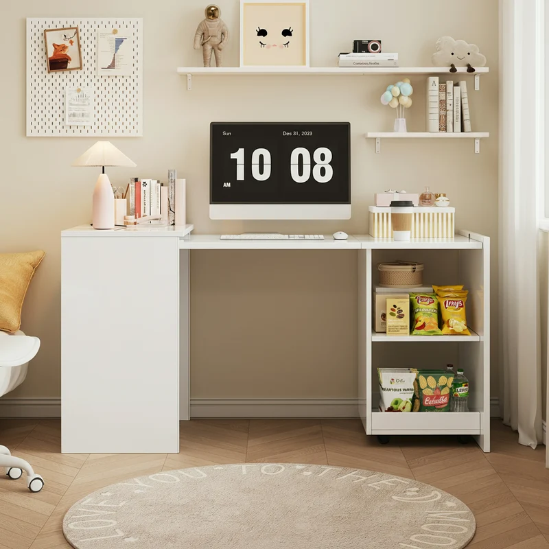 Bureau blanc retractable avec rangement et roulettes MOMENTUMNEXX