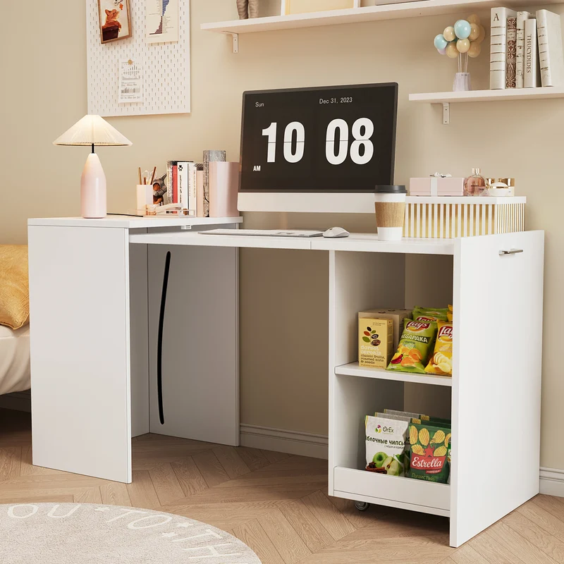 Bureau blanc retractable avec rangement et roulettes MOMENTUMNEXX