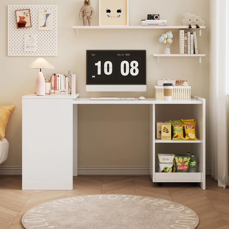 Bureau blanc retractable avec rangement et roulettes MOMENTUMNEXX