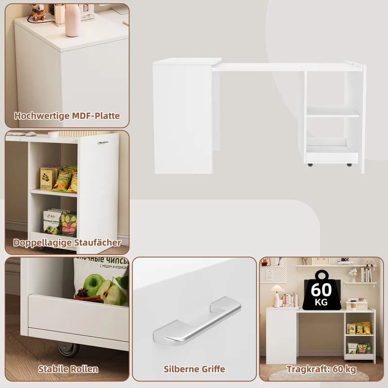 Bureau blanc retractable avec rangement et roulettes MOMENTUMNEXX