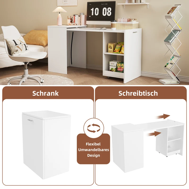 Bureau blanc retractable avec rangement et roulettes MOMENTUMNEXX