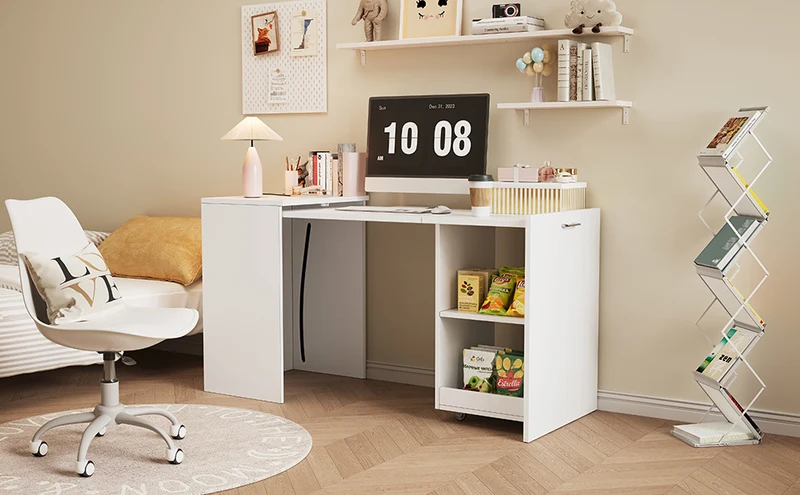 Bureau blanc retractable avec rangement et roulettes MOMENTUMNEXX