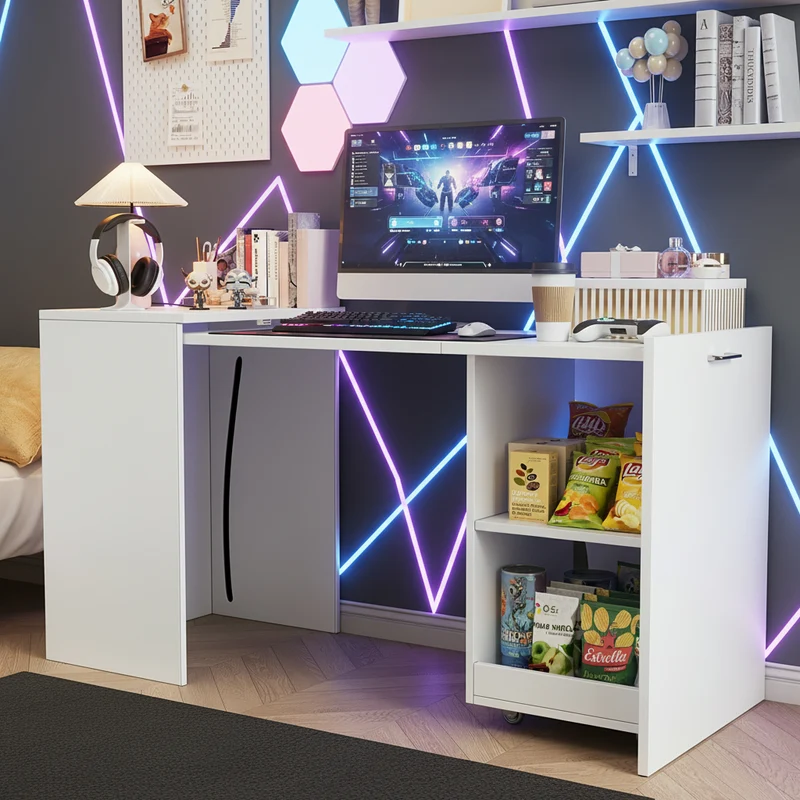 Bureau blanc retractable avec rangement et roulettes MOMENTUMNEXX
